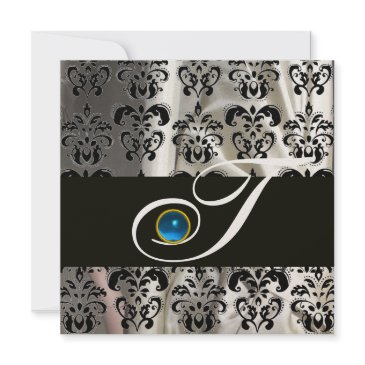 black champagne silk damask monogram blue sapphire invitation