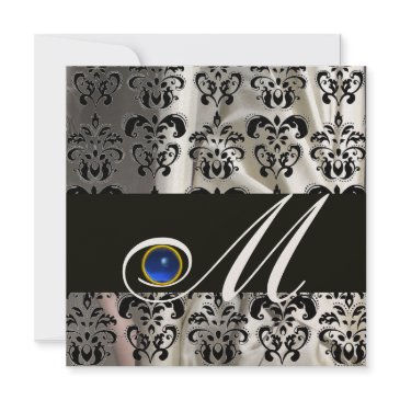 black champagne silk damask monogram blue sapphire invitation