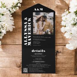 Small Black Chic Bold Simple Monogram Photo Wedding All In One Invitation Front View