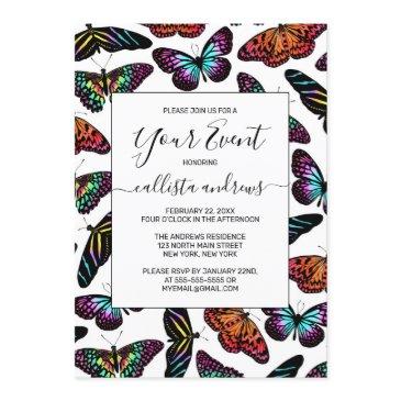 black colorful butterflies watercolor pattern invitation