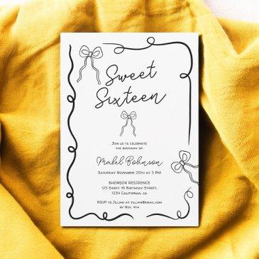black cute bows ribbons illustrations sweet 16 invitation
