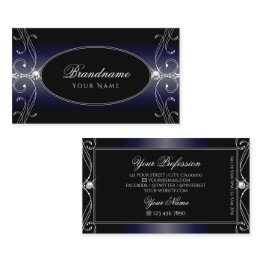 Small Black Dark Blue Ornate Sparkling Diamonds Ornament Business Invitations Front View