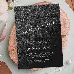 Small Black Glitter Elegant Chic Typography Sweet 16 Invitation Front View