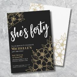 Small Black Gold 40th Birthday Party Invitation Front View