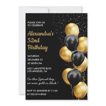 black gold 52nd birthday invitations glitter glam