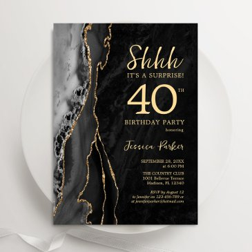 black gold agate surprise 40th birthday invitation