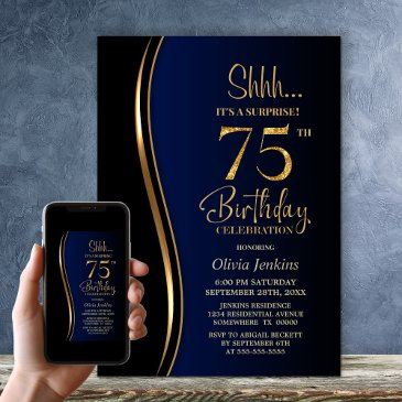 black gold blue surprise 75th birthday invitation