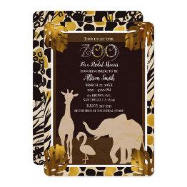 Small Black Gold Brown Zoo Animals Safari Bridal Shower Invitation Front View