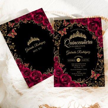 black gold burgundy quinceanera invitation