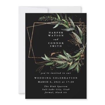 black gold diamond geometric eucalyptus elegant invitation