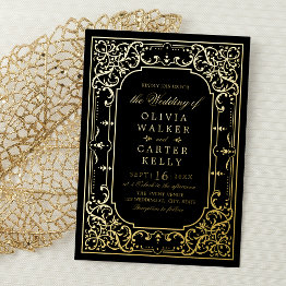 Small Black Gold Elegant Ornate Romantic Vintage Wedding Foil Invitation Front View