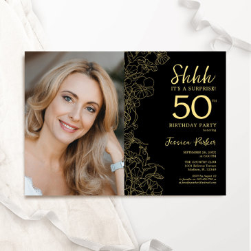black gold elegant surprise photo 50th birthday invitation