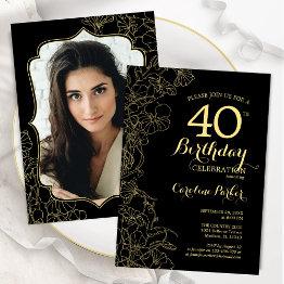 Small Black Gold Floral Photo 40th Birthday Party Invitation Front View