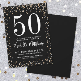 Small Black Gold Glitter 50th Birthday Party Invitation Front View