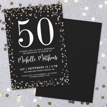black gold glitter 50th birthday party invitation