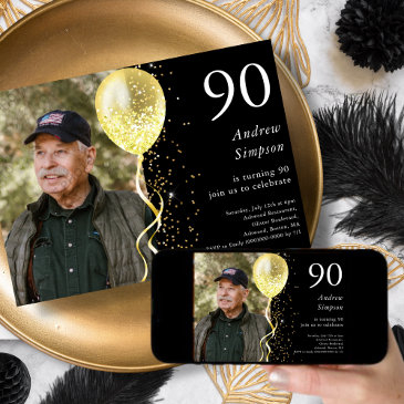 black & gold glitter 90th birthday invitation