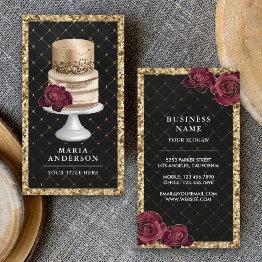 Small Black Gold Glitter Floral Cake Pastry Chef Bakery Business Invitations Front View