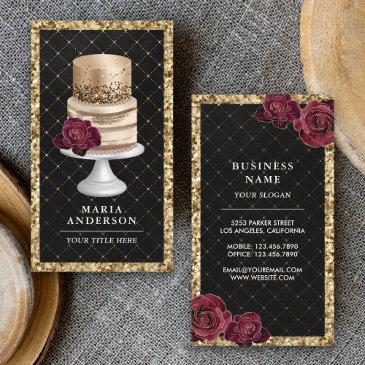black gold glitter floral cake pastry chef bakery business invitations