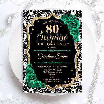 black gold green roses surprise 80th birthday invitation