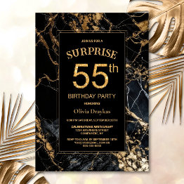 Small Black Gold Marble Surprise 55th Birthday Party Invitation Front View