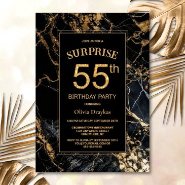 black gold marble surprise 55th birthday party invitation