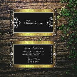 Small Black Gold Mosaic Ornate Ornament Sparkle Diamonds Business Invitations Front View