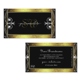 Small Black Gold Mosaic Ornate Sparkle Diamonds Initials Business Invitations Front View