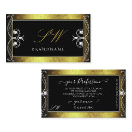 Small Black Gold Mosaic Ornate Sparkle Diamonds Monogram Business Invitations Front View