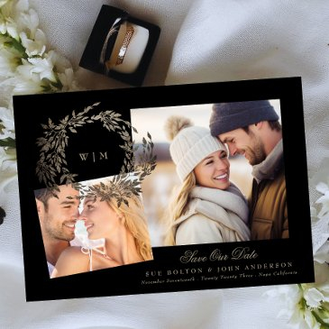 black gold on ebony wreath monogram photo wedding save the date