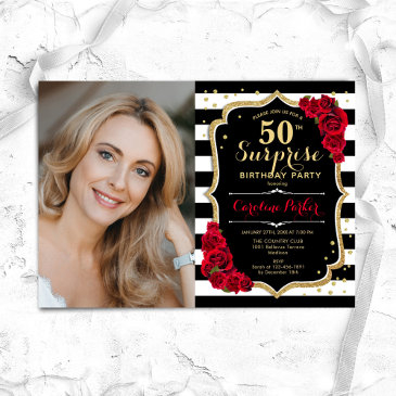 black gold red photo surprise 50th birthday invitation