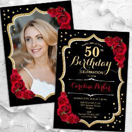 Small Black Gold Red Roses Photo 50th Birthday Invitation Front View
