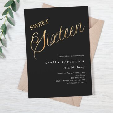 black gold script elegant sweet 16 invitation
