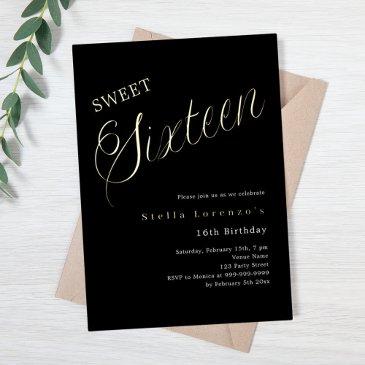 black gold script luxury sweet 16 foil invitation