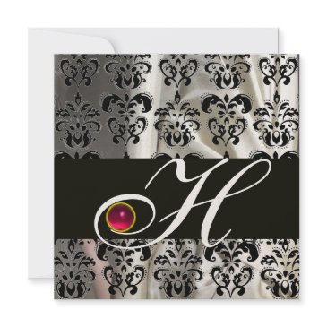 black gold silk damask cloth monogram pink ruby invitation