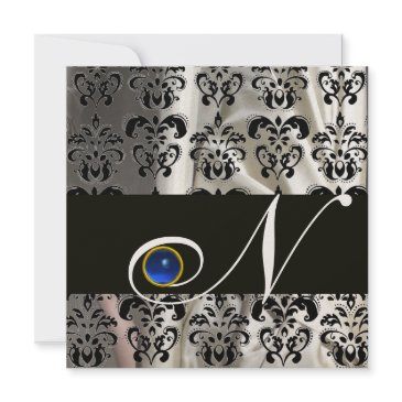black gold silk damask monogram blue sapphire invitation