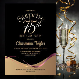 Small Black Gold Surprise 75th Birthday Party Invitation Front View