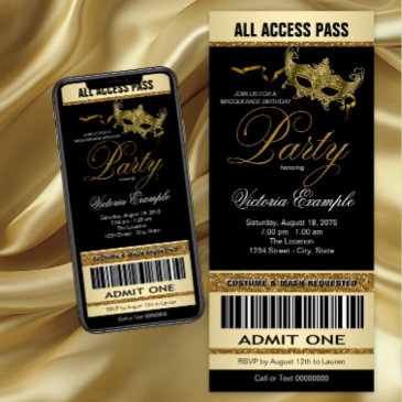 black gold ticket style masquerade party invitation
