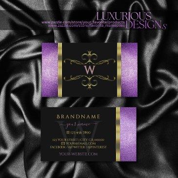 black gold with purple glitter ornamental monogram business invitations
