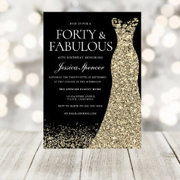 Small Black Golden Dress Womans 40th Birthday Party Invitation Front View