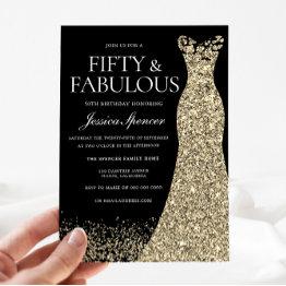 Small Black Golden Dress Womans 50th Birthday Party Invitation Front View