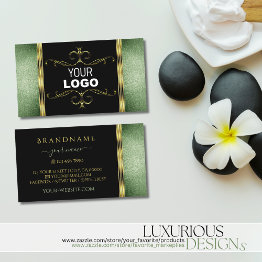 Small Black Green Glitter Gold Ornate Ornaments And Logo Business Invitations Front View