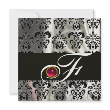 black ice silk damask cloth monogram pink ruby invitation