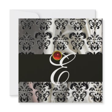 black ice silk damask cloth monogram red ruby invitation