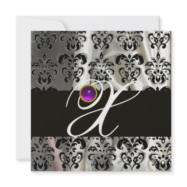 black ice silk damask monogram purple amethyst invitation