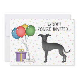 Small Black Italian Greyhound Cute Cartoon Dog Birthday Invitation Front View