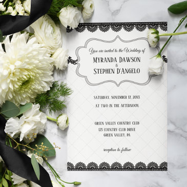 black lace on white custom wedding invitation