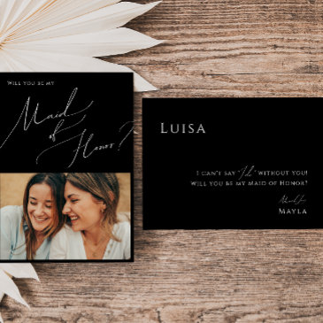 black minimal script photo maid of honor invitations