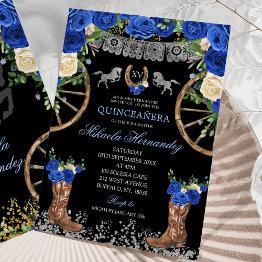 Small Black Navy Blue And Silver Charra Quinceañera Invitation Front View