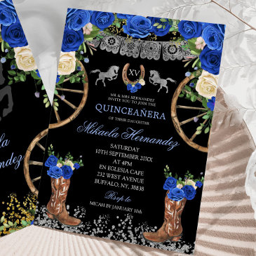 black navy blue and silver charra quinceañera invitation