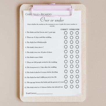 black over or under bridal shower game announcement